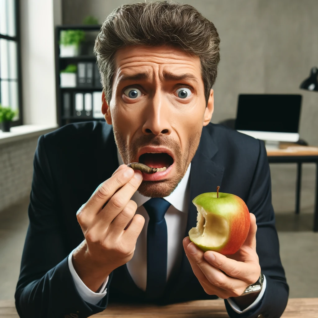 AI created image - DALL-E - exiting without ai is like biting into an apple and finding havle a worm